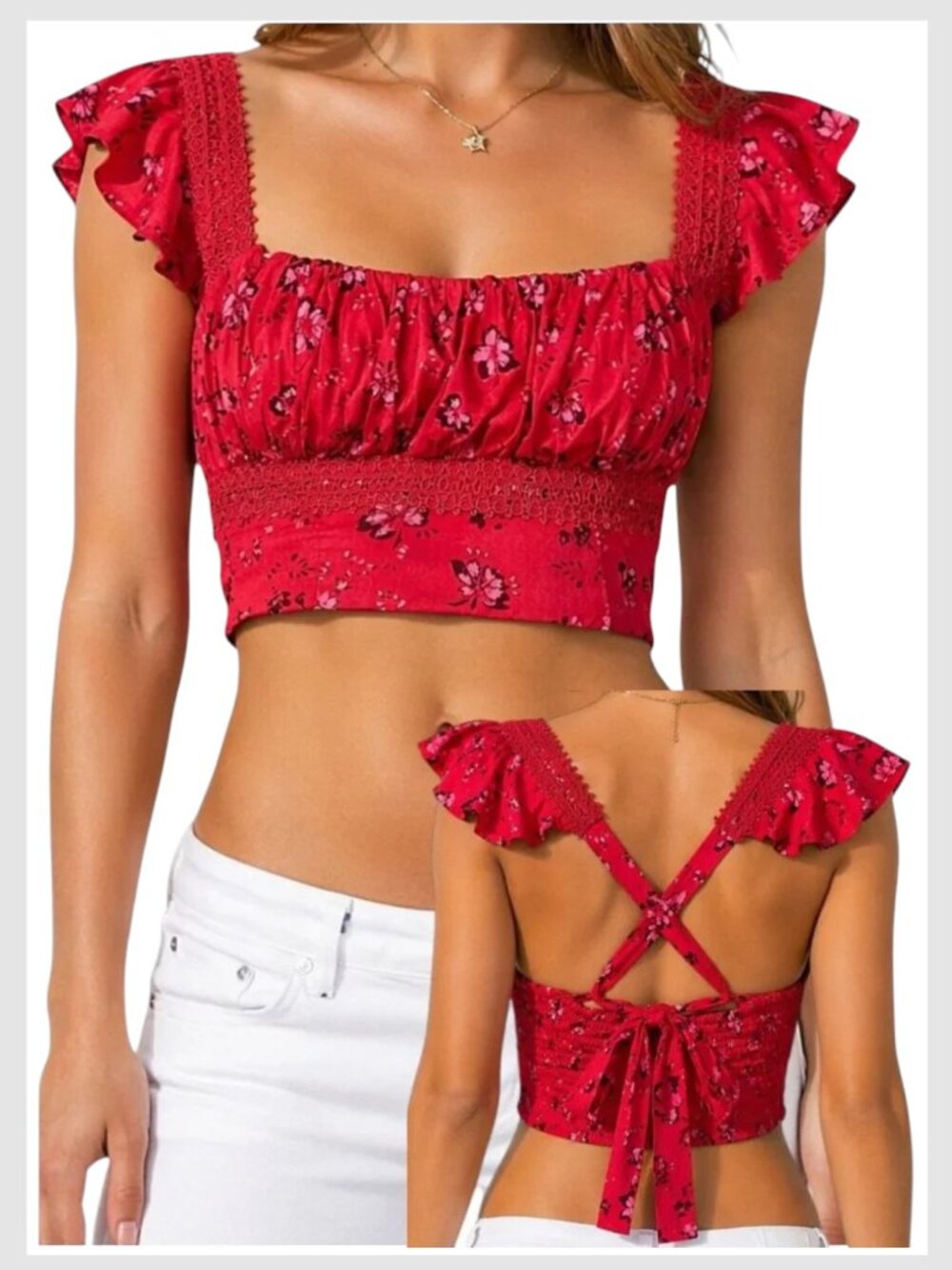 Free People Crop Top Red Floral Ruched Smocked Lace Trim 2 S